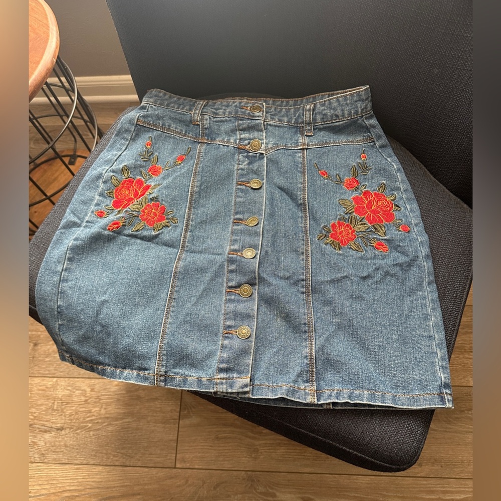 Denim floral button down skirt